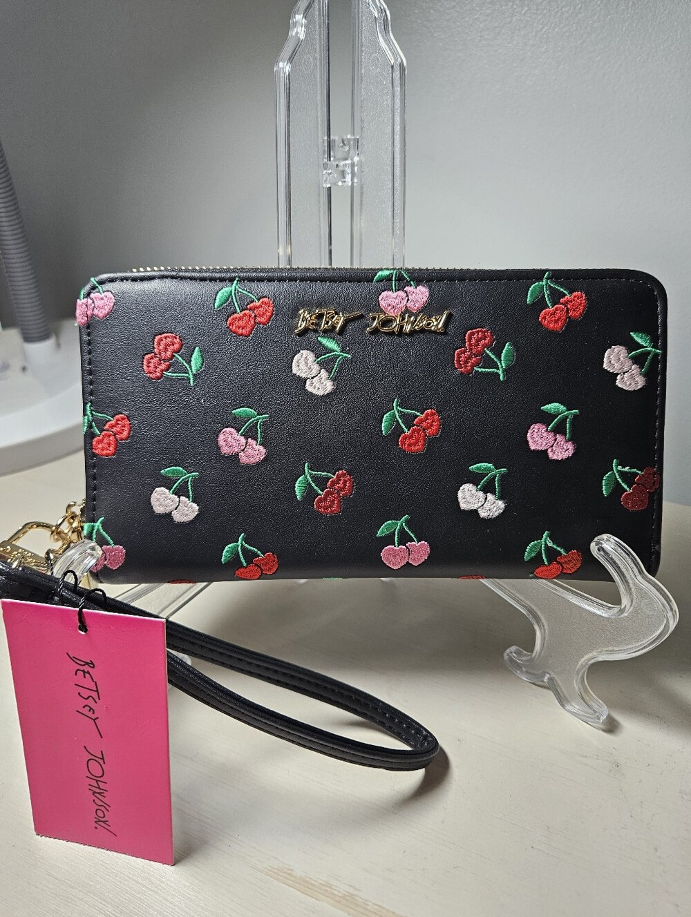 NWT Betsey Johnson Cherry Embroidered Zip Around Wristlet Wallet Black
